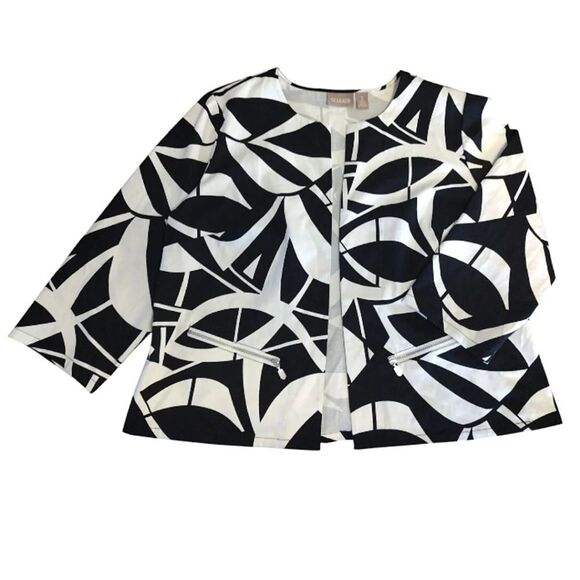 Chico's Black White Geo Print Open Front Quarter Sleeve Cotton Stretch Jacket L - Picture 3 of 13